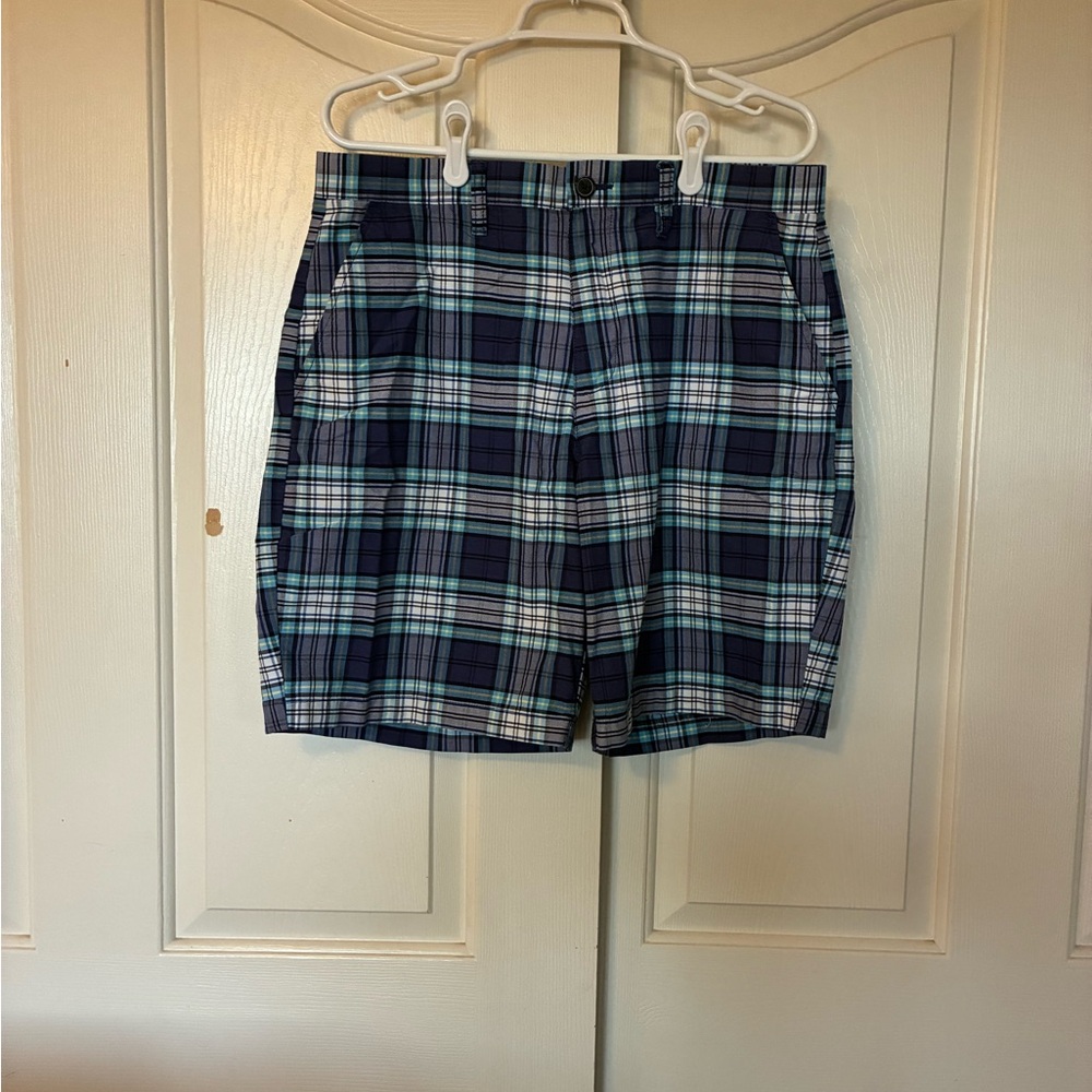 Croft & Barrow Men's Plaid White Blue Shorts Bottom Pocket Zipper 9 inch Size 34